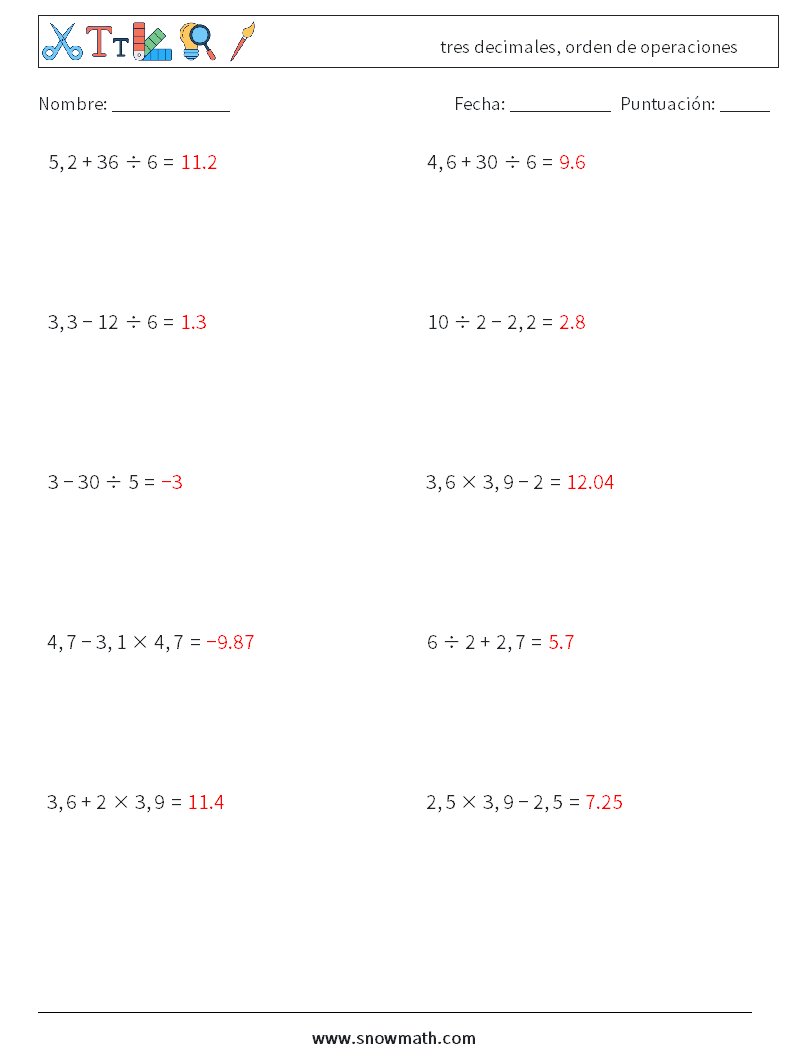 (10) tres decimales, orden de operaciones Hojas de trabajo de matemáticas 8 Pregunta, respuesta