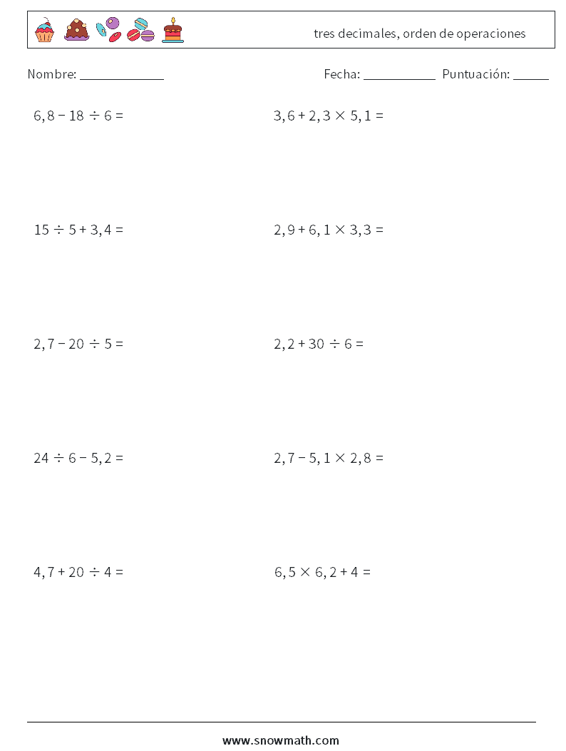 (10) tres decimales, orden de operaciones Hojas de trabajo de matemáticas 9