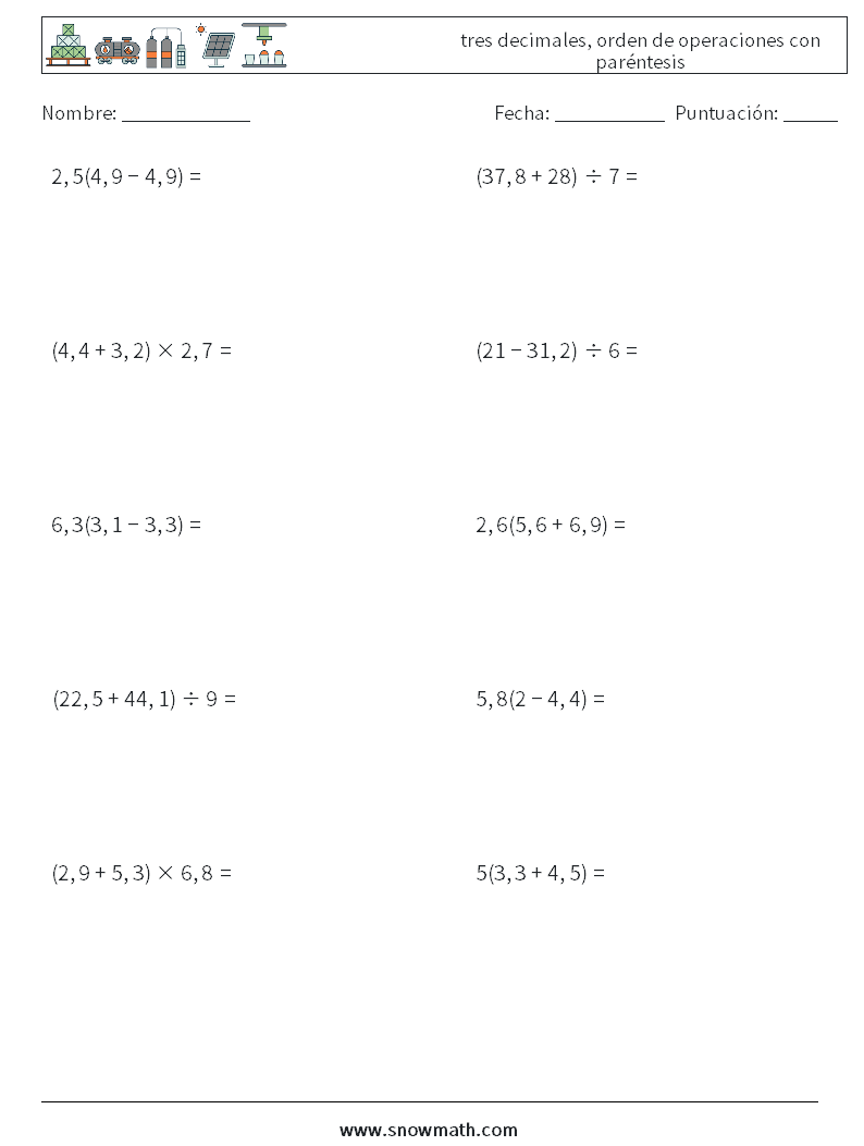 (10) tres decimales, orden de operaciones con paréntesis Hojas de trabajo de matemáticas 1