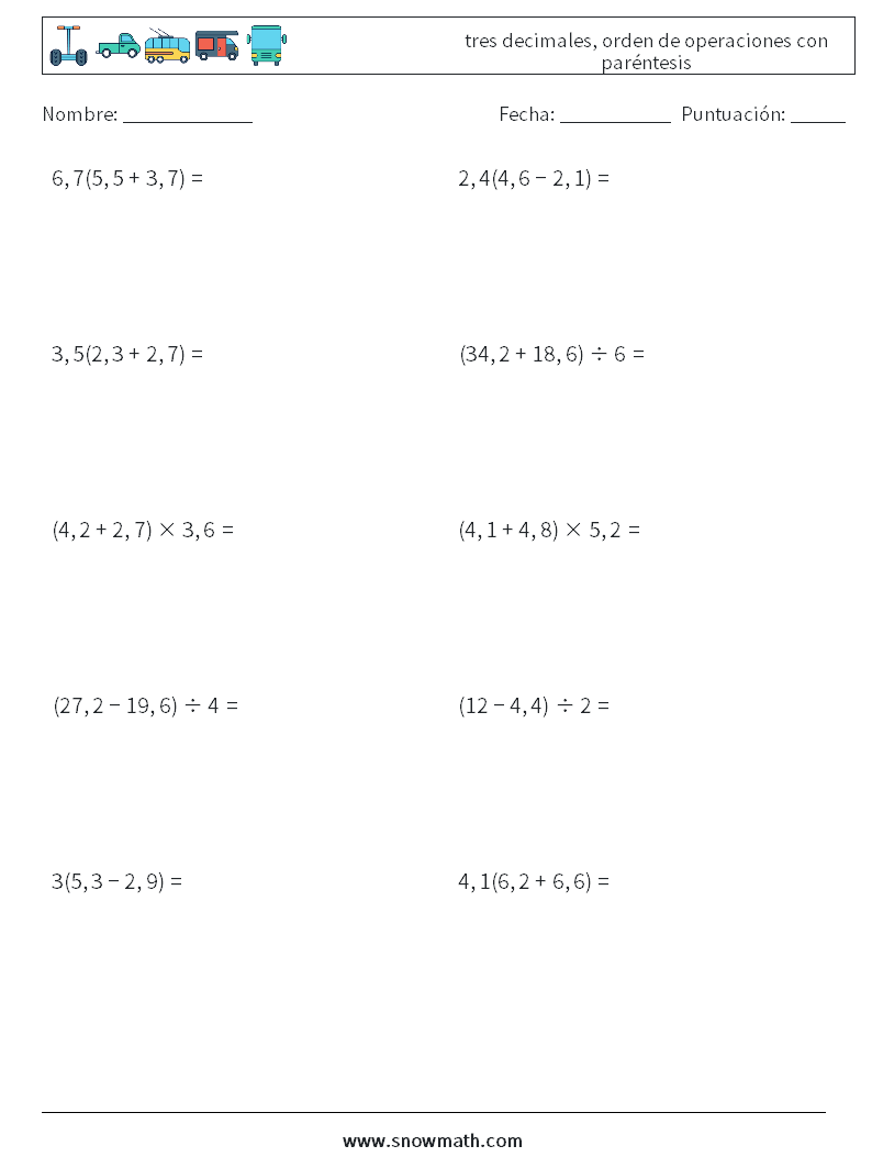 (10) tres decimales, orden de operaciones con paréntesis Hojas de trabajo de matemáticas 10