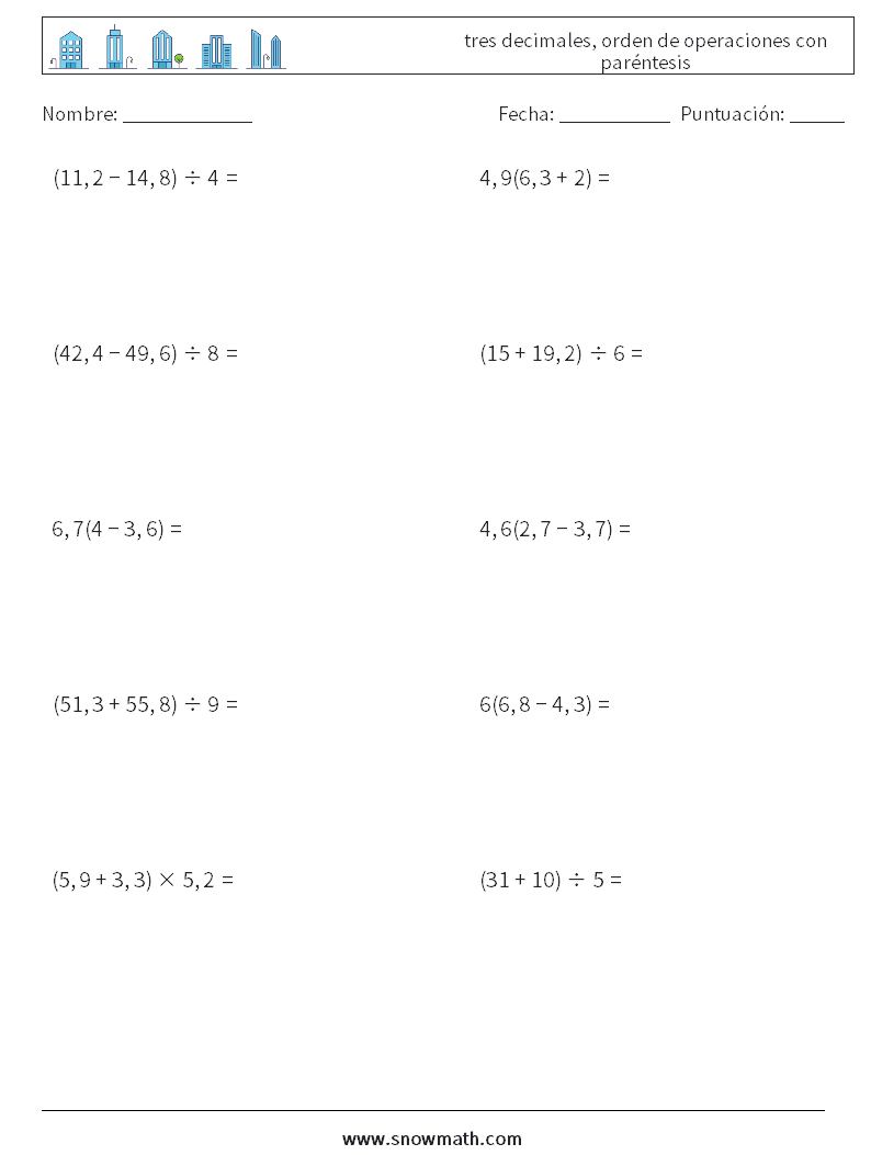 (10) tres decimales, orden de operaciones con paréntesis Hojas de trabajo de matemáticas 12