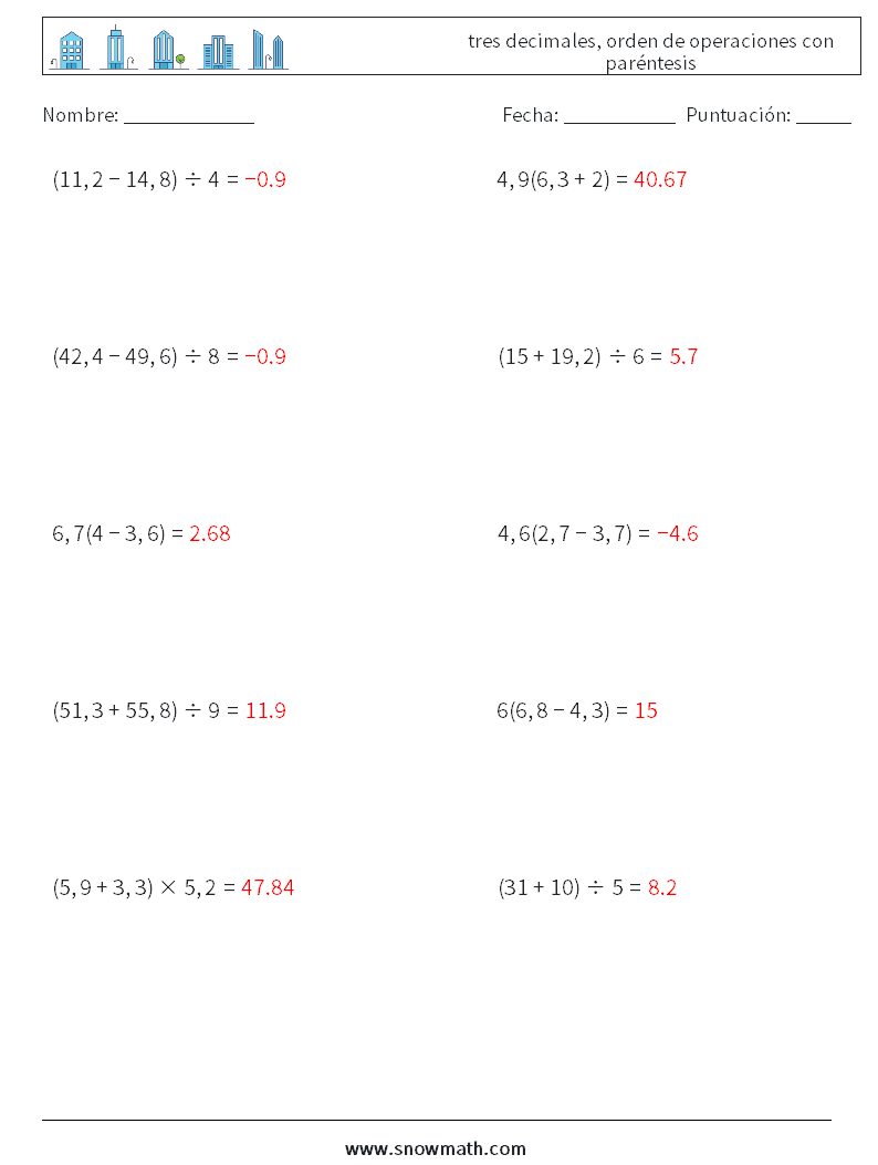 (10) tres decimales, orden de operaciones con paréntesis Hojas de trabajo de matemáticas 12 Pregunta, respuesta