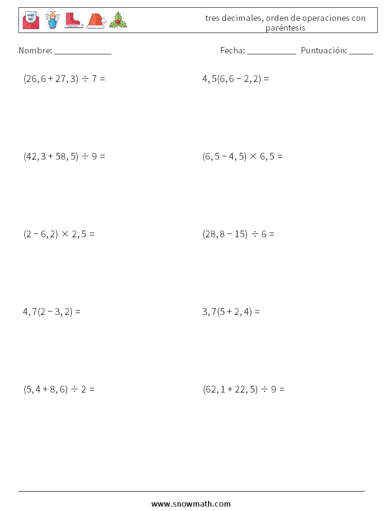 (10) tres decimales, orden de operaciones con paréntesis Hojas de trabajo de matemáticas 13