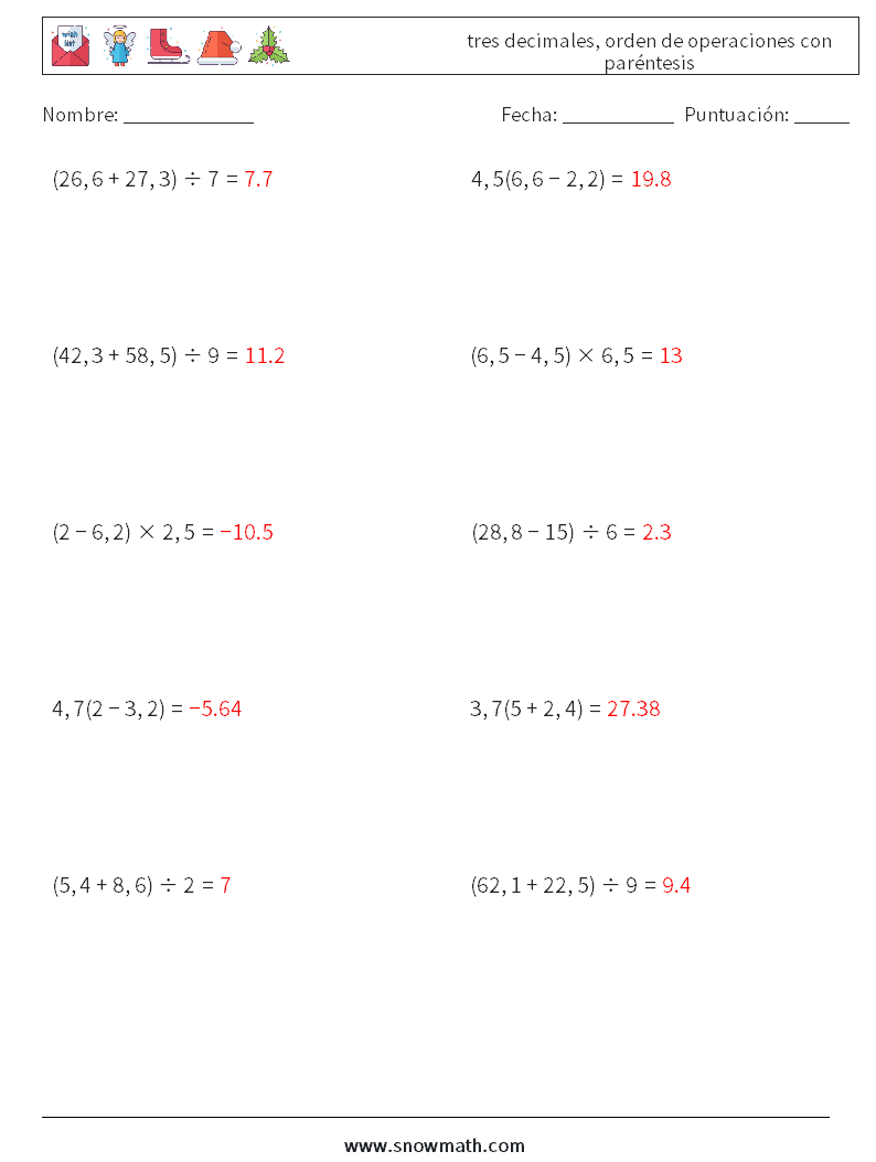 (10) tres decimales, orden de operaciones con paréntesis Hojas de trabajo de matemáticas 13 Pregunta, respuesta