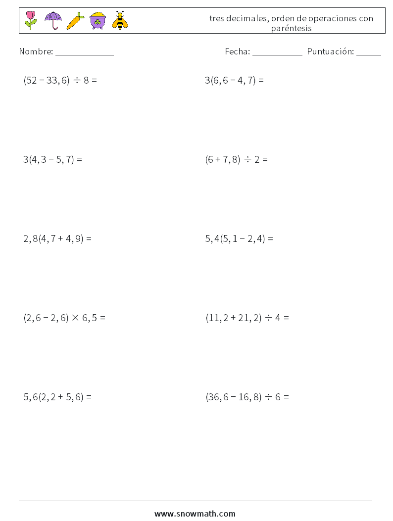 (10) tres decimales, orden de operaciones con paréntesis Hojas de trabajo de matemáticas 14