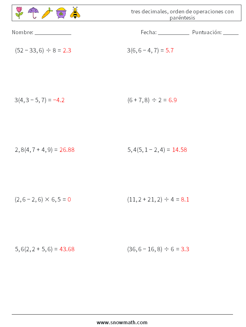 (10) tres decimales, orden de operaciones con paréntesis Hojas de trabajo de matemáticas 14 Pregunta, respuesta