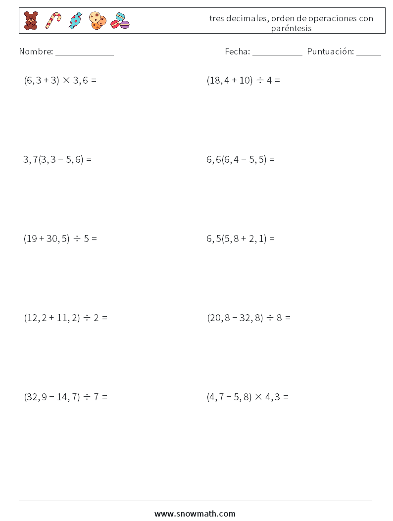(10) tres decimales, orden de operaciones con paréntesis Hojas de trabajo de matemáticas 15