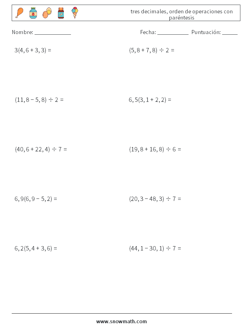 (10) tres decimales, orden de operaciones con paréntesis Hojas de trabajo de matemáticas 16