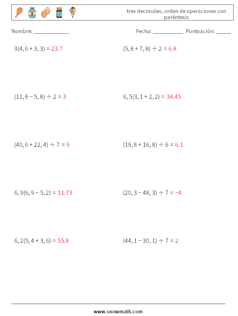 (10) tres decimales, orden de operaciones con paréntesis Hojas de trabajo de matemáticas 16 Pregunta, respuesta