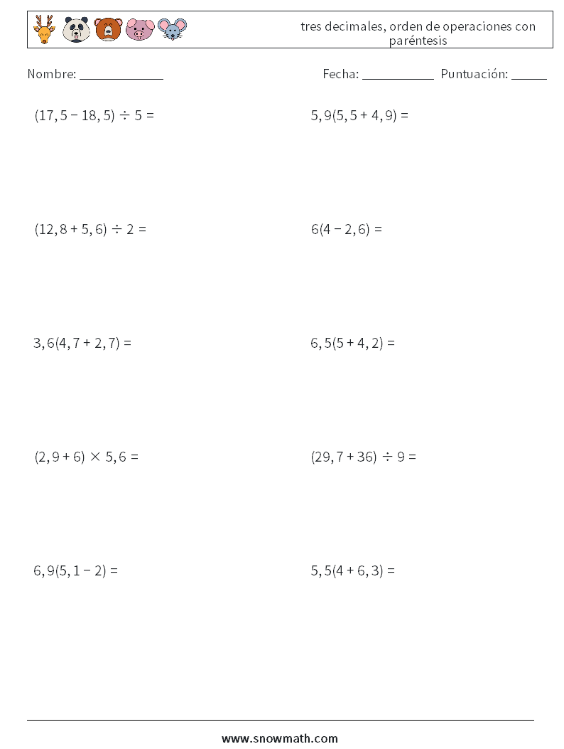 (10) tres decimales, orden de operaciones con paréntesis Hojas de trabajo de matemáticas 18