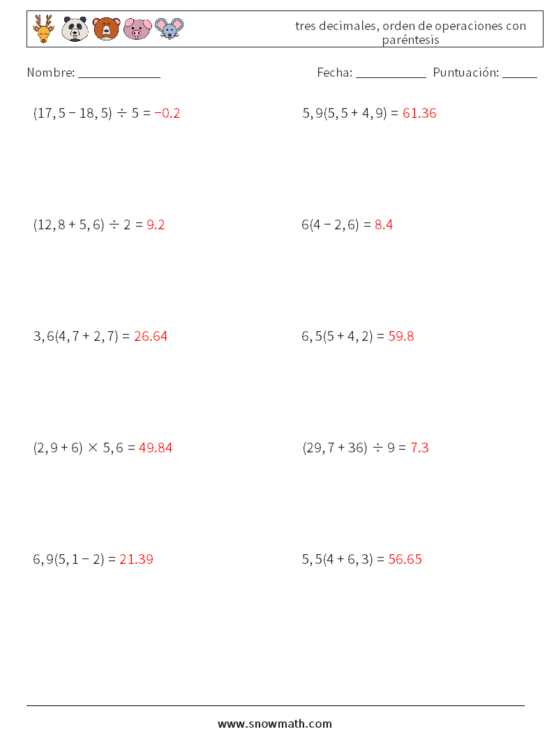 (10) tres decimales, orden de operaciones con paréntesis Hojas de trabajo de matemáticas 18 Pregunta, respuesta