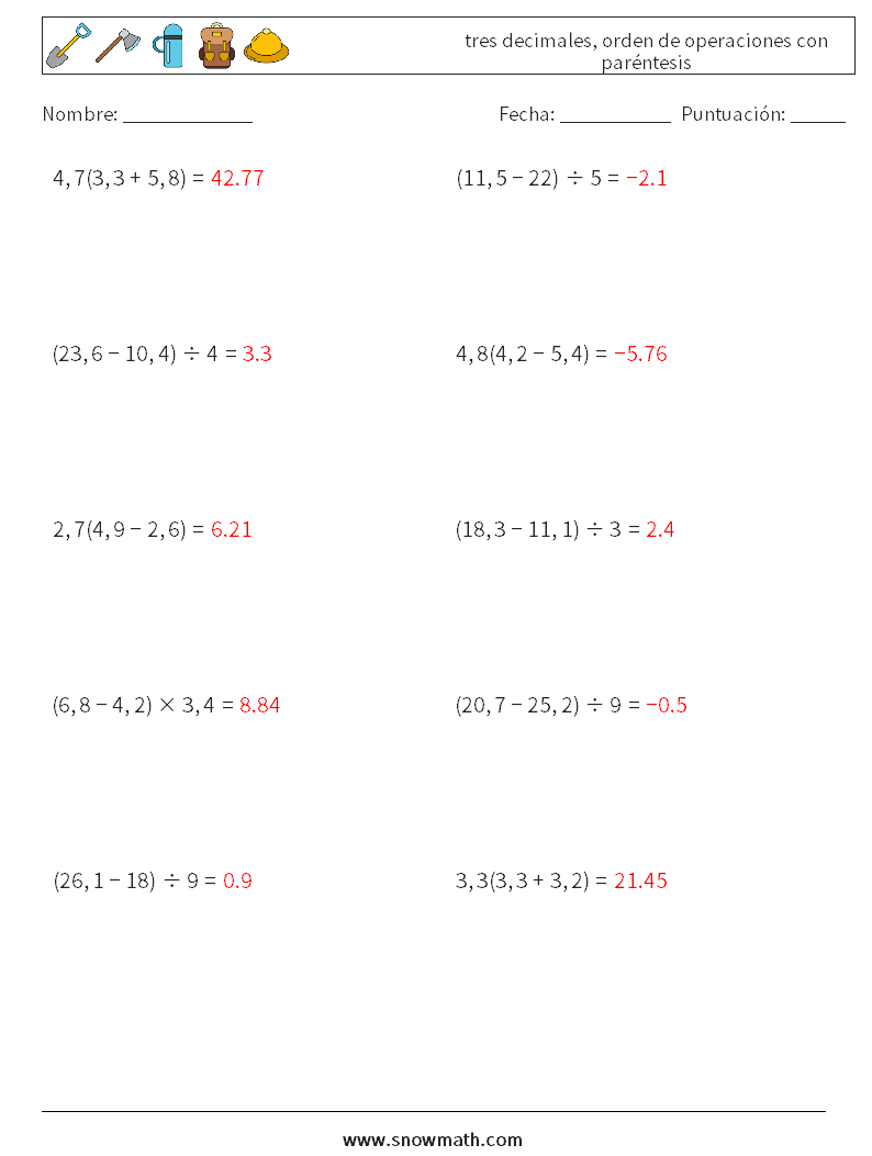 (10) tres decimales, orden de operaciones con paréntesis Hojas de trabajo de matemáticas 2 Pregunta, respuesta