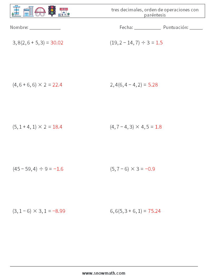 (10) tres decimales, orden de operaciones con paréntesis Hojas de trabajo de matemáticas 5 Pregunta, respuesta