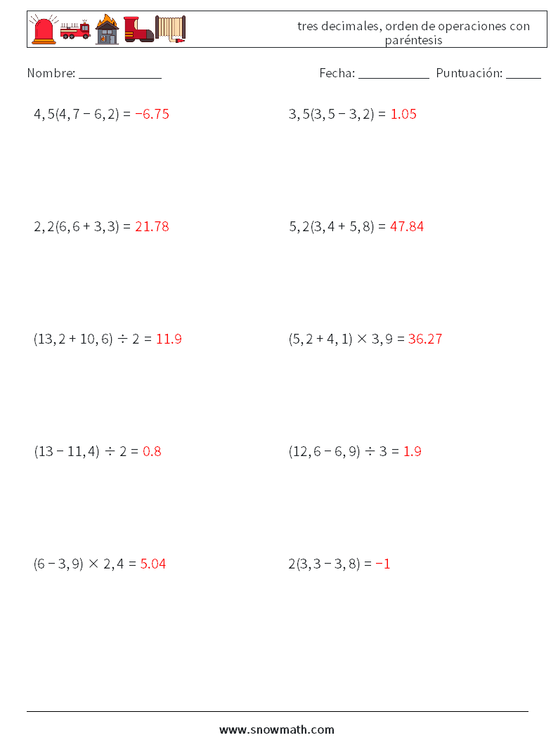 (10) tres decimales, orden de operaciones con paréntesis Hojas de trabajo de matemáticas 6 Pregunta, respuesta