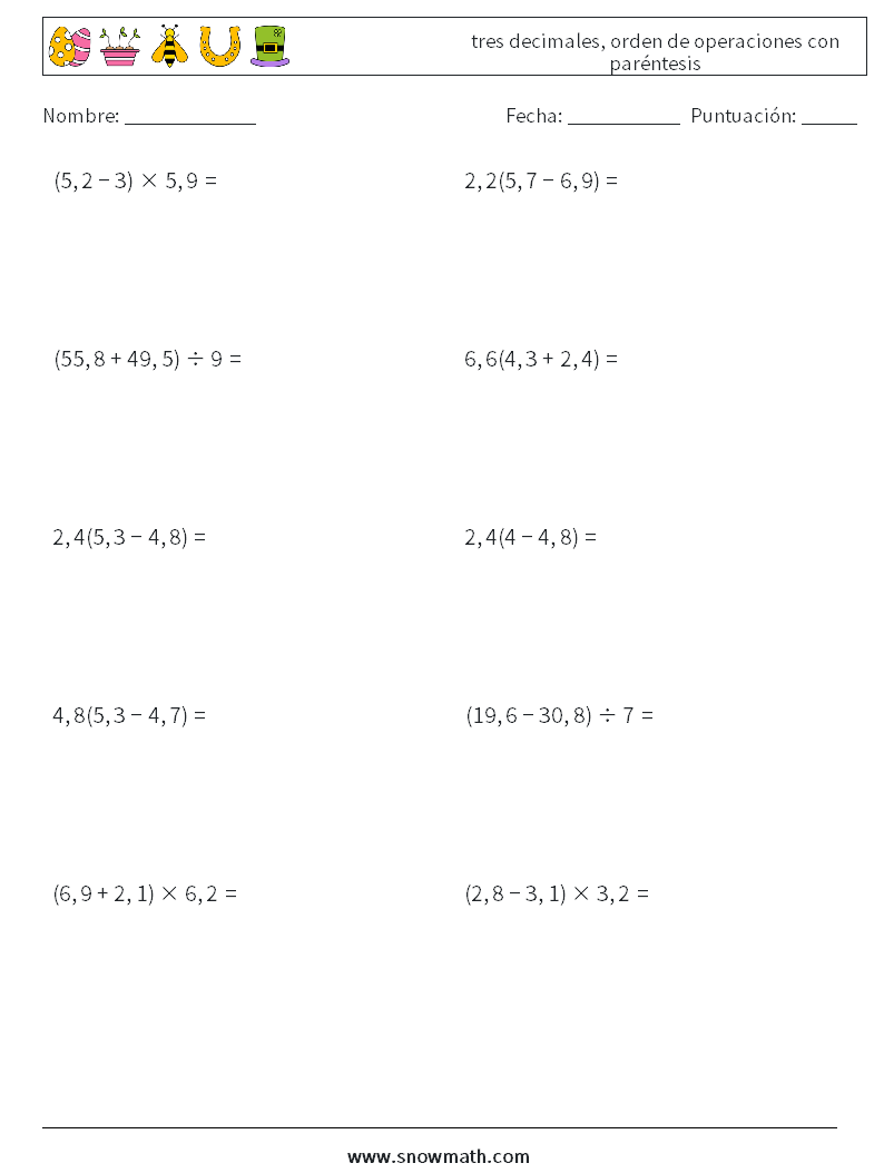 (10) tres decimales, orden de operaciones con paréntesis Hojas de trabajo de matemáticas 7