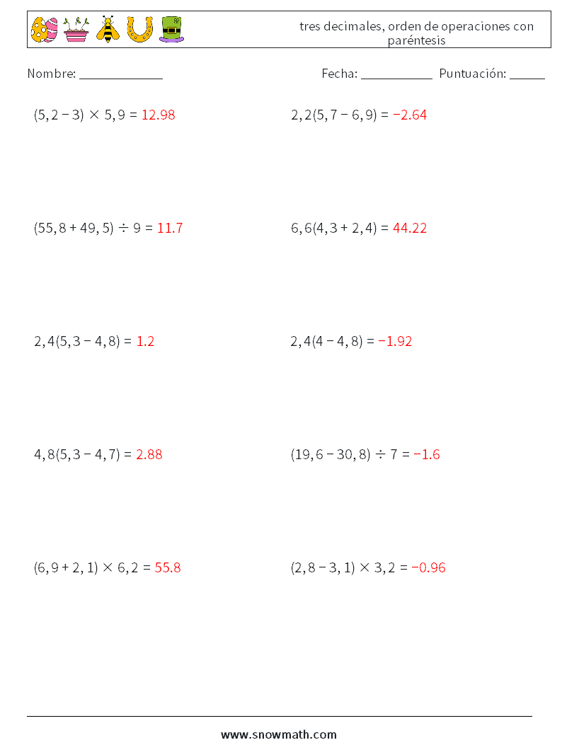 (10) tres decimales, orden de operaciones con paréntesis Hojas de trabajo de matemáticas 7 Pregunta, respuesta