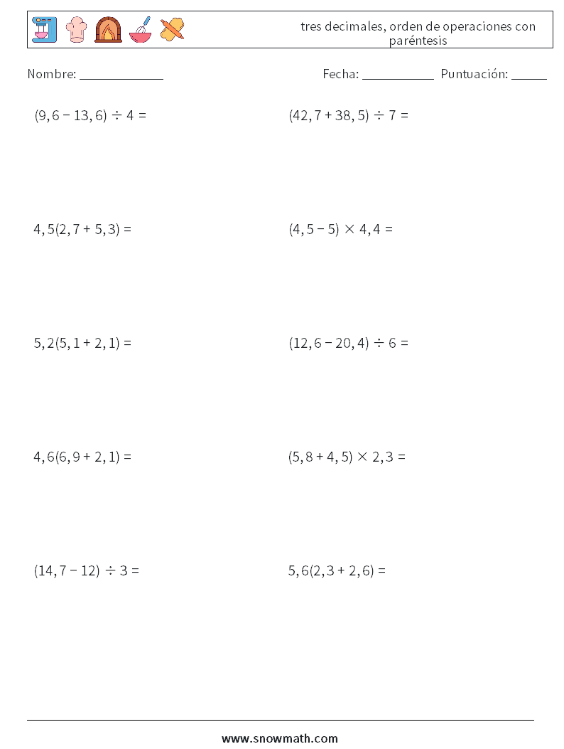 (10) tres decimales, orden de operaciones con paréntesis Hojas de trabajo de matemáticas 8