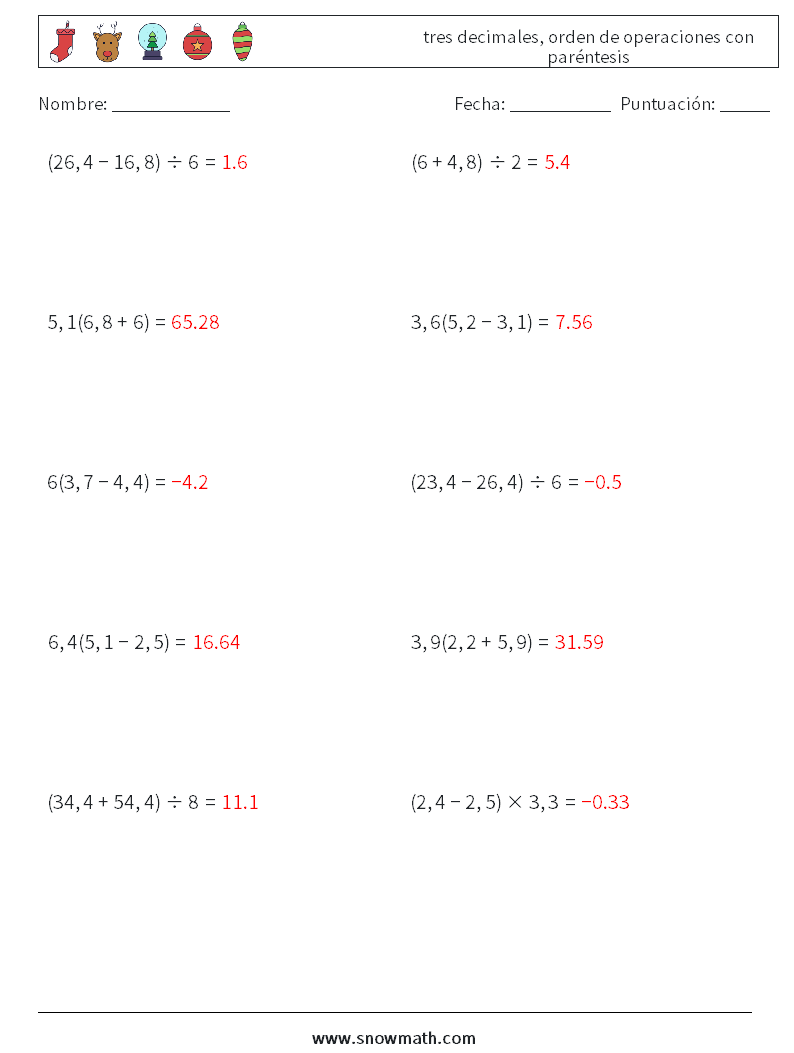(10) tres decimales, orden de operaciones con paréntesis Hojas de trabajo de matemáticas 9 Pregunta, respuesta