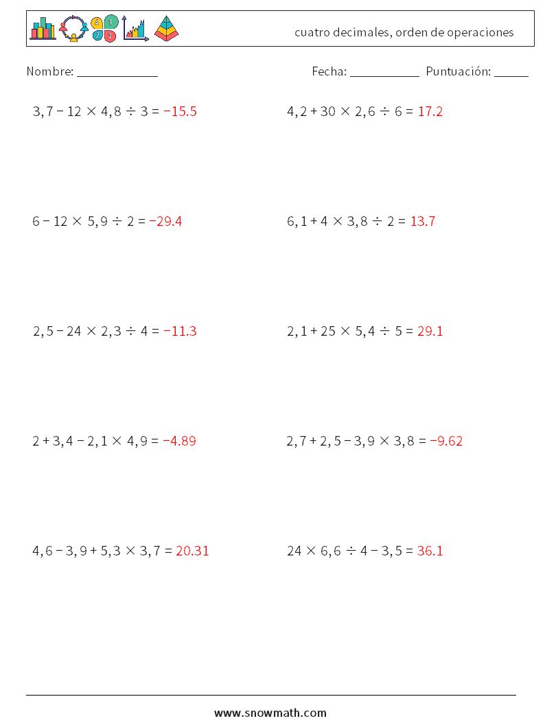 (10) cuatro decimales, orden de operaciones Hojas de trabajo de matemáticas 10 Pregunta, respuesta