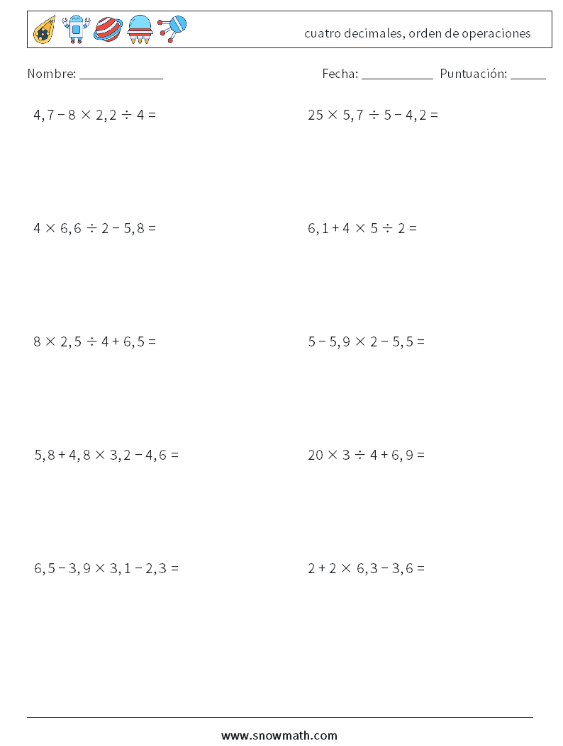 (10) cuatro decimales, orden de operaciones Hojas de trabajo de matemáticas 11