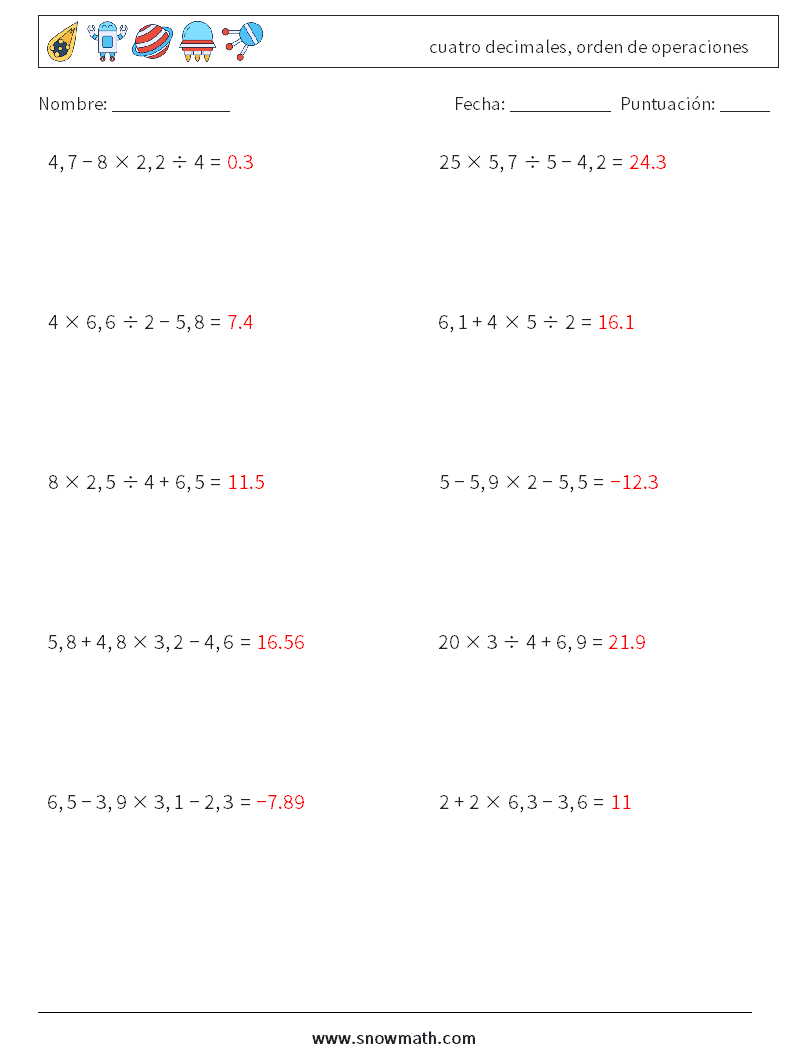 (10) cuatro decimales, orden de operaciones Hojas de trabajo de matemáticas 11 Pregunta, respuesta