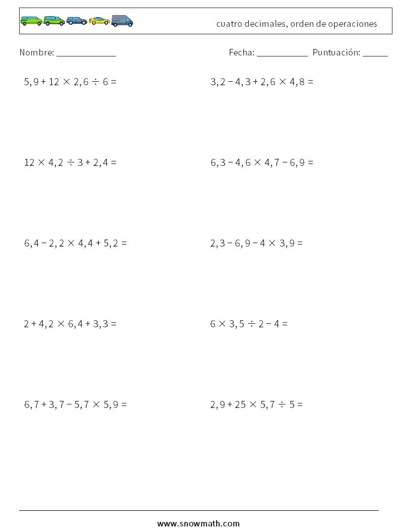 (10) cuatro decimales, orden de operaciones Hojas de trabajo de matemáticas 12