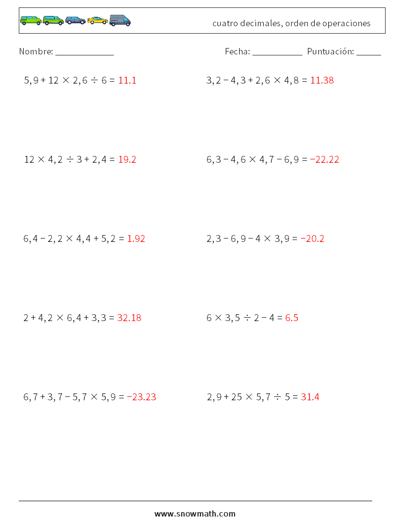 (10) cuatro decimales, orden de operaciones Hojas de trabajo de matemáticas 12 Pregunta, respuesta