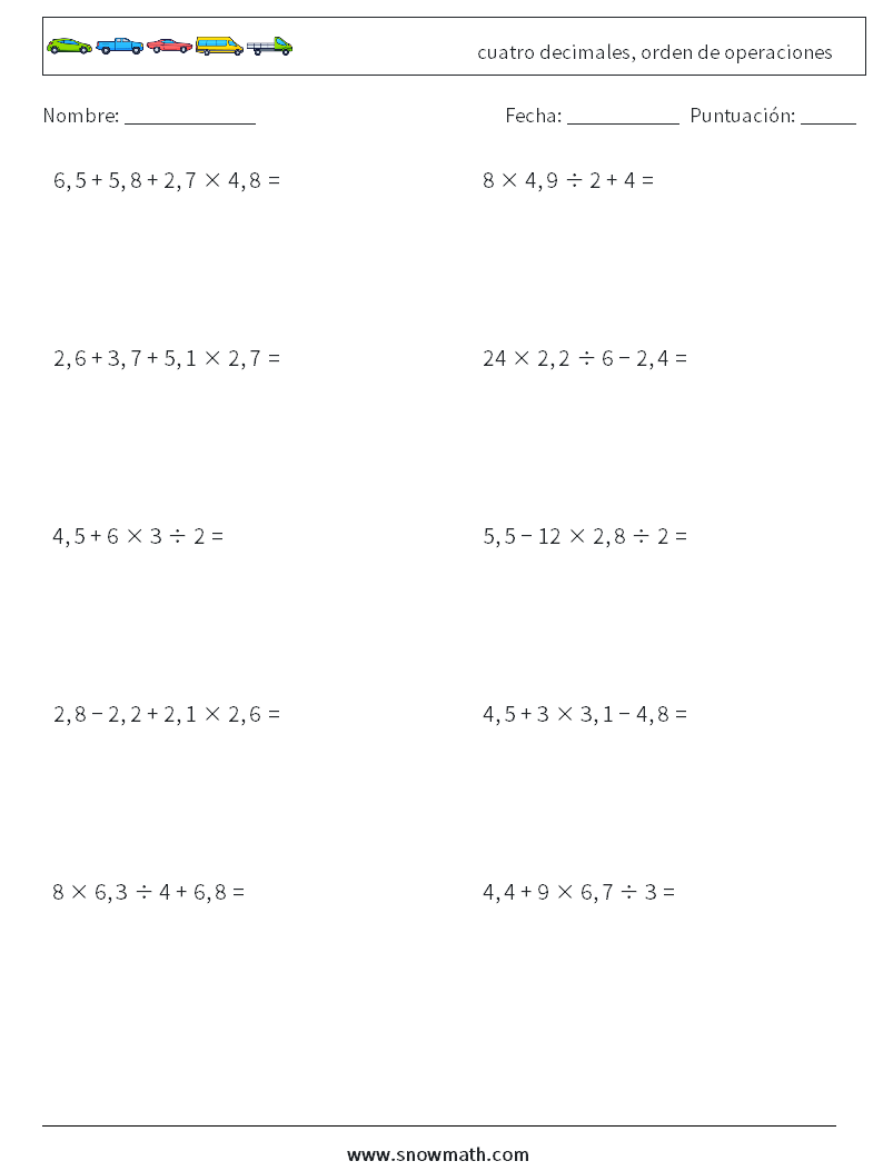 (10) cuatro decimales, orden de operaciones Hojas de trabajo de matemáticas 13