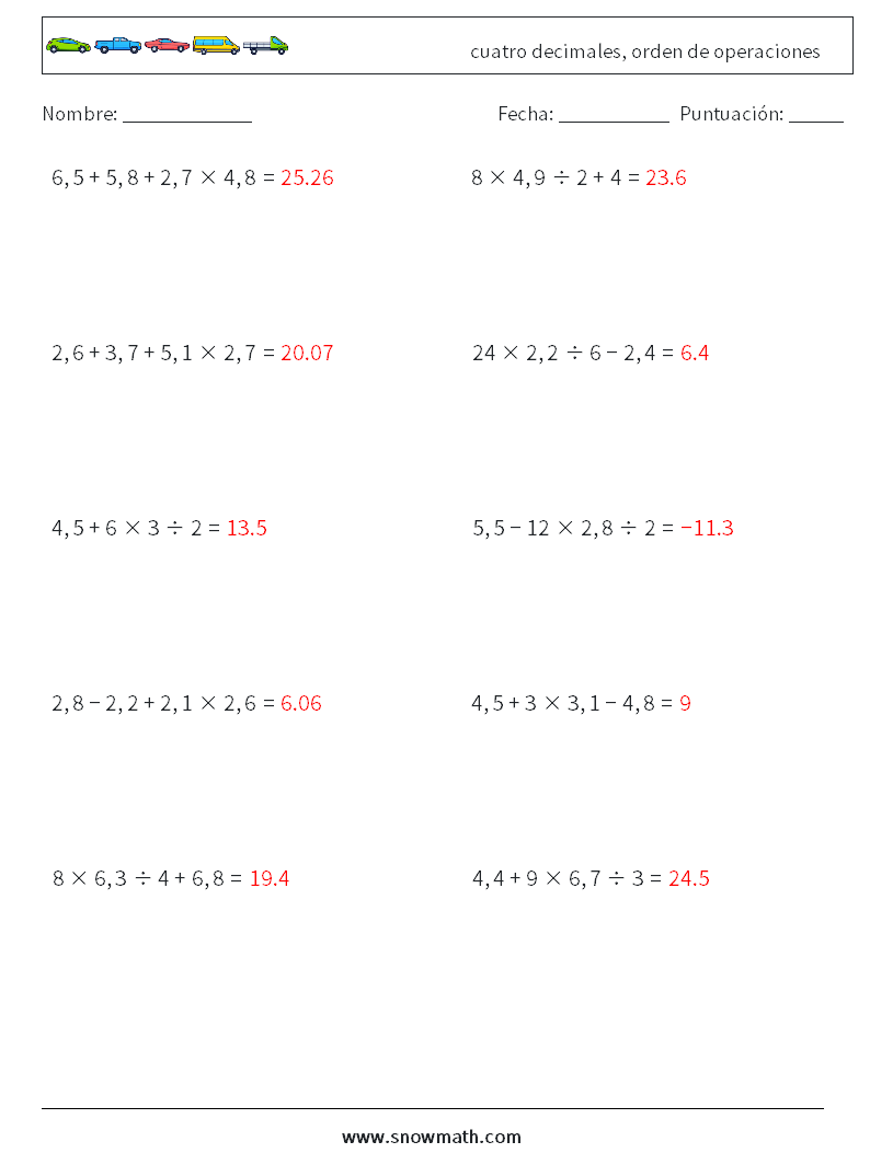 (10) cuatro decimales, orden de operaciones Hojas de trabajo de matemáticas 13 Pregunta, respuesta