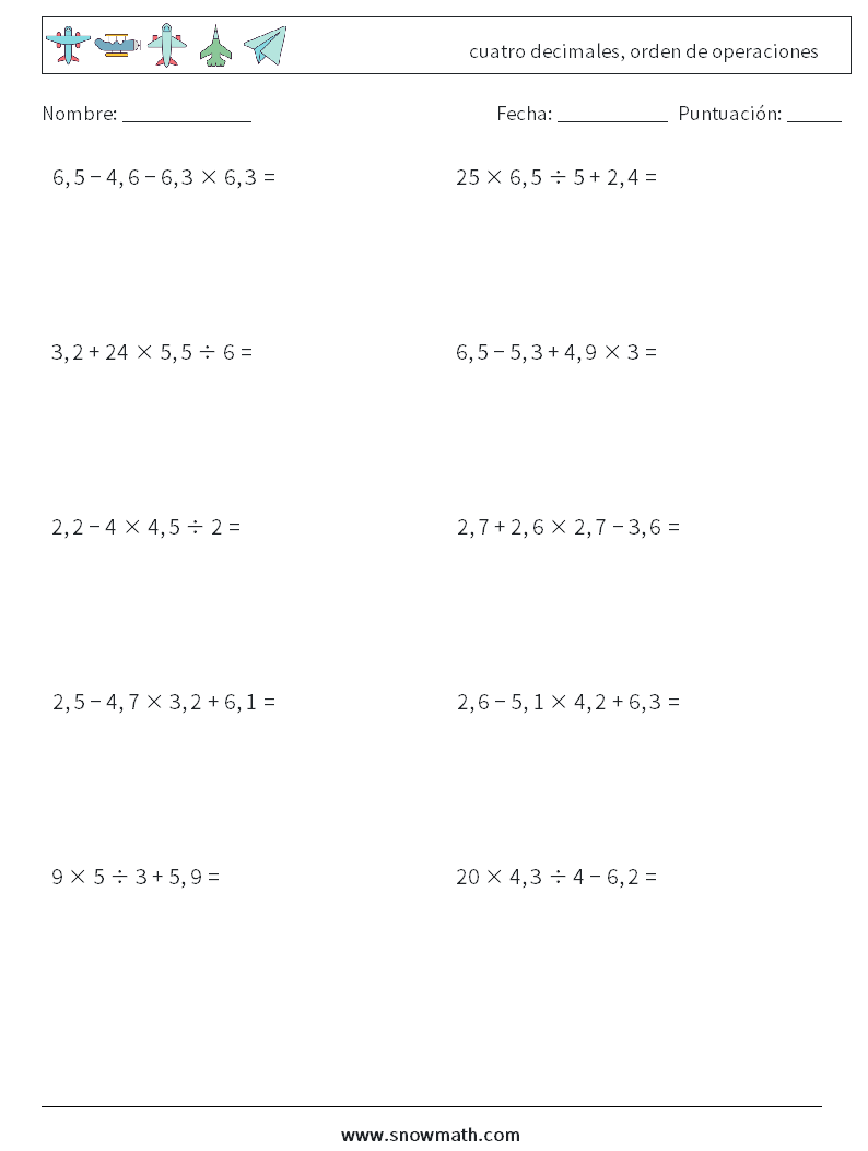 (10) cuatro decimales, orden de operaciones Hojas de trabajo de matemáticas 14