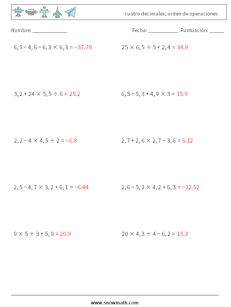 (10) cuatro decimales, orden de operaciones Hojas de trabajo de matemáticas 14 Pregunta, respuesta