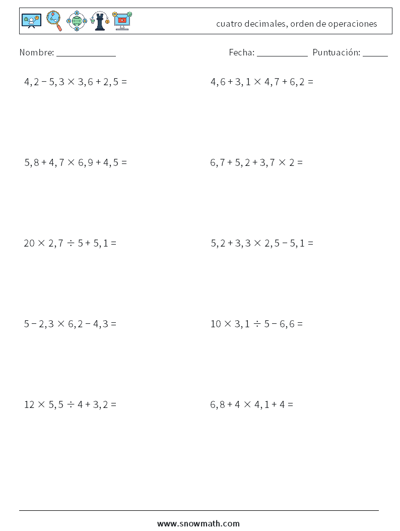 (10) cuatro decimales, orden de operaciones Hojas de trabajo de matemáticas 16