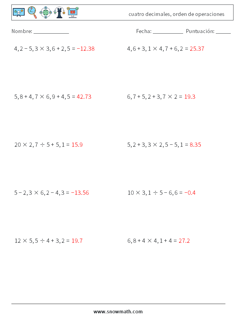 (10) cuatro decimales, orden de operaciones Hojas de trabajo de matemáticas 16 Pregunta, respuesta