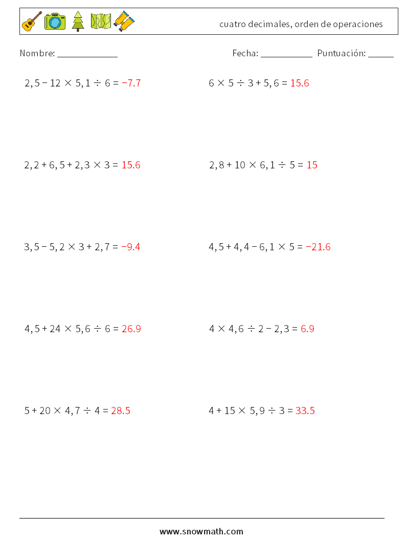(10) cuatro decimales, orden de operaciones Hojas de trabajo de matemáticas 17 Pregunta, respuesta