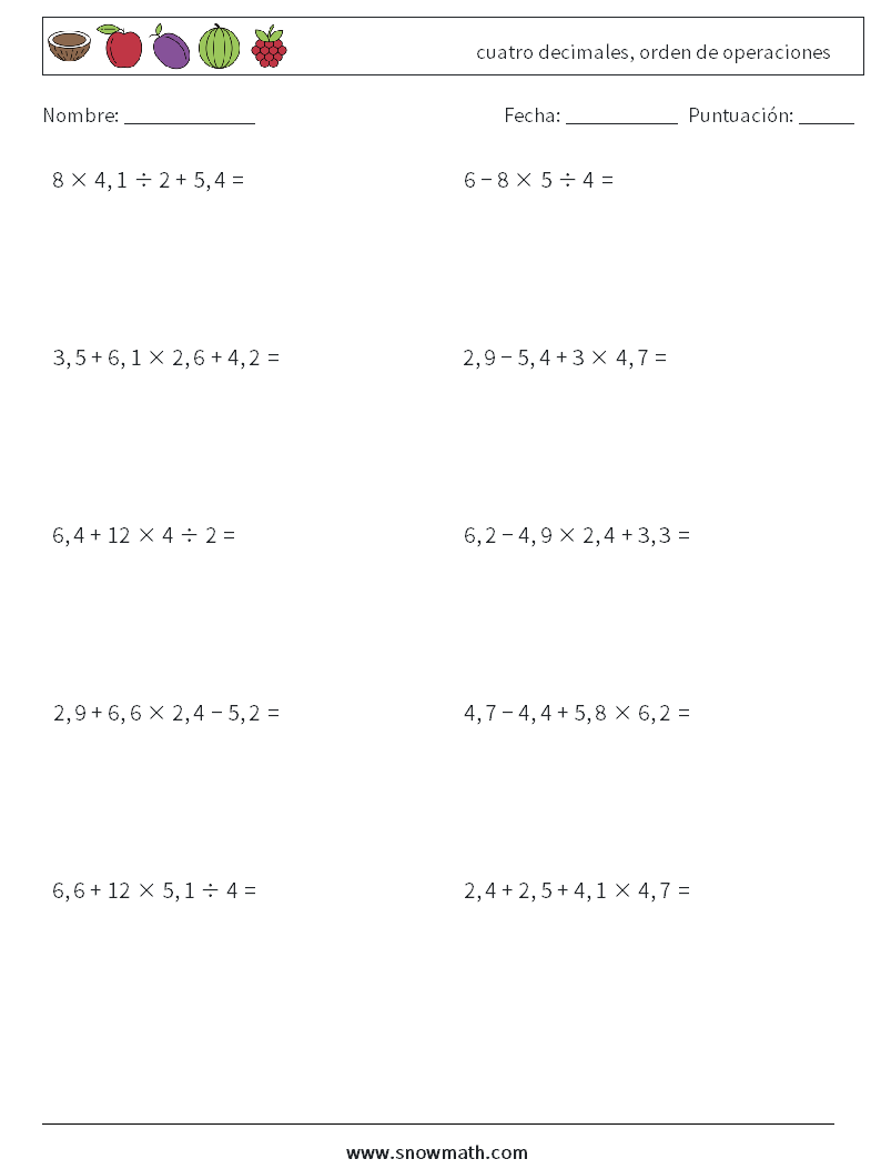 (10) cuatro decimales, orden de operaciones Hojas de trabajo de matemáticas 18