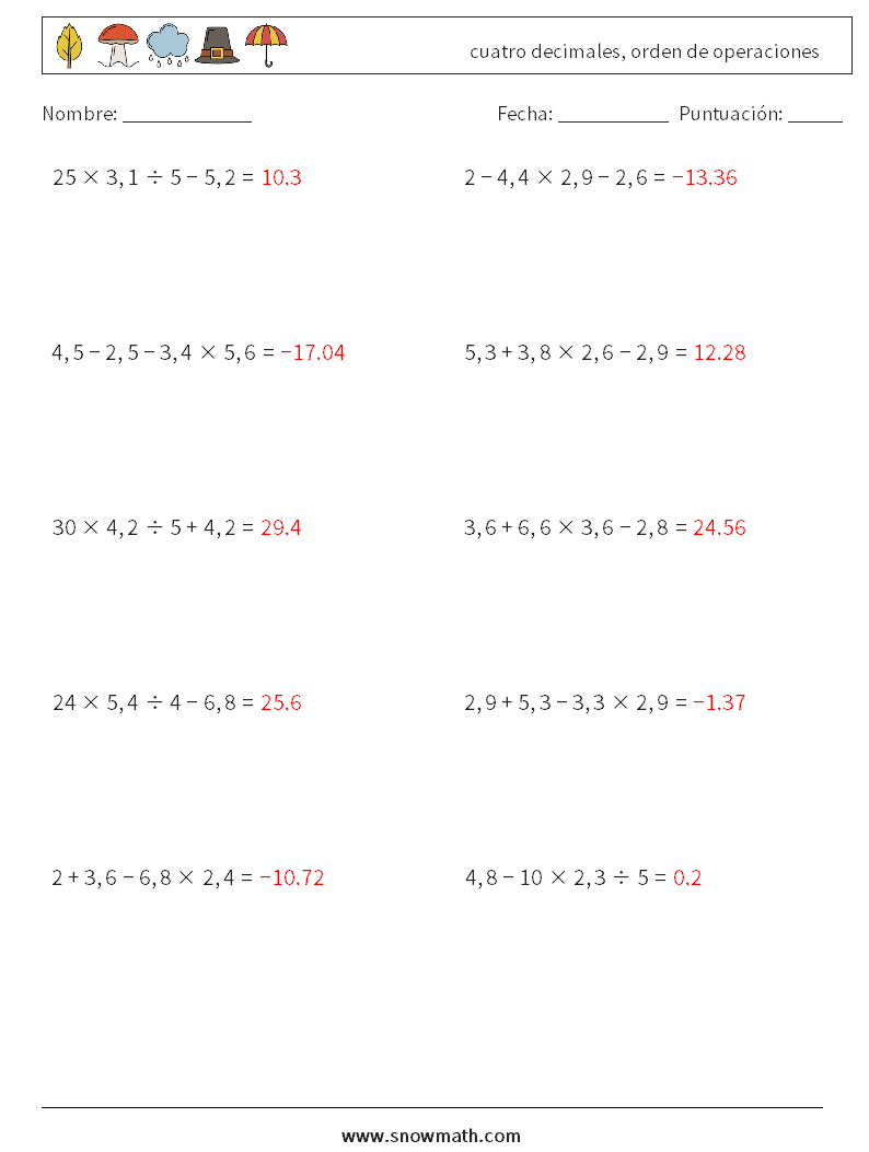 (10) cuatro decimales, orden de operaciones Hojas de trabajo de matemáticas 1 Pregunta, respuesta