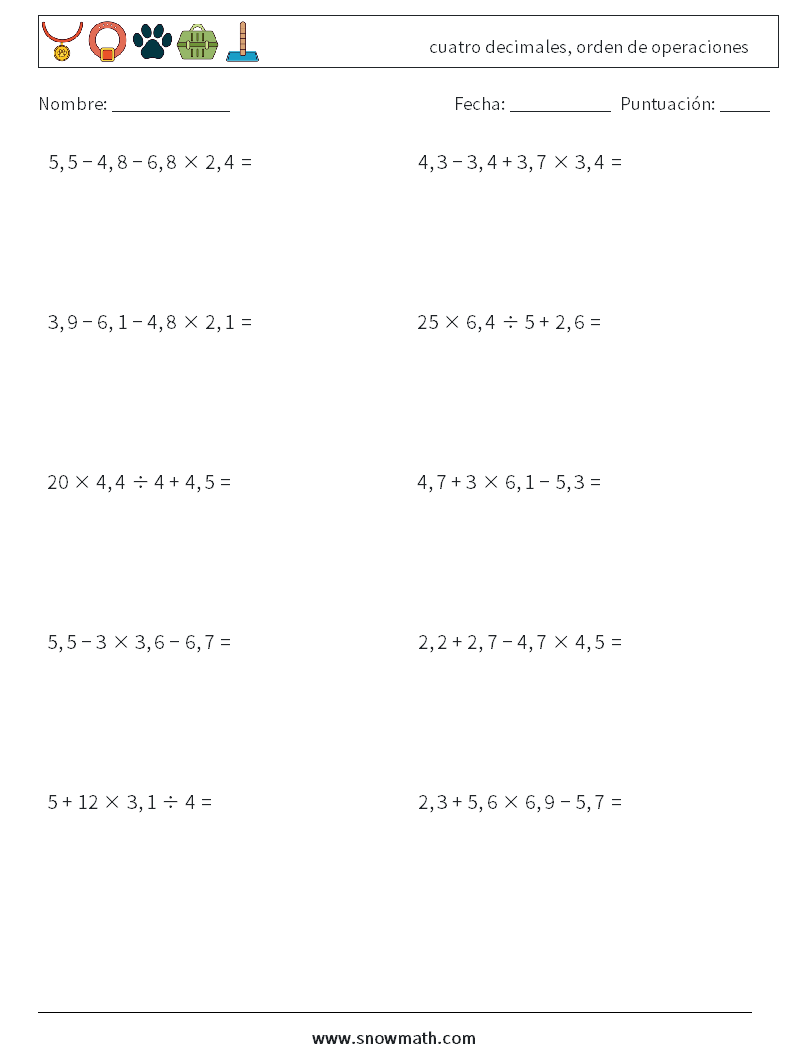 (10) cuatro decimales, orden de operaciones Hojas de trabajo de matemáticas 2