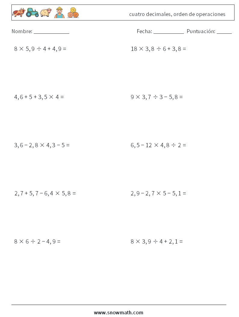 (10) cuatro decimales, orden de operaciones Hojas de trabajo de matemáticas 5