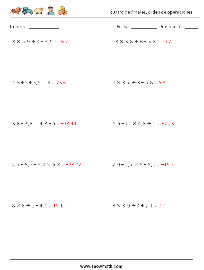 (10) cuatro decimales, orden de operaciones Hojas de trabajo de matemáticas 5 Pregunta, respuesta