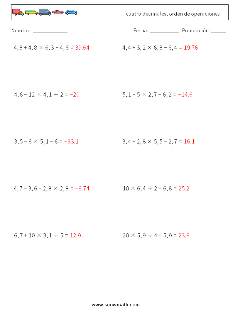 (10) cuatro decimales, orden de operaciones Hojas de trabajo de matemáticas 6 Pregunta, respuesta