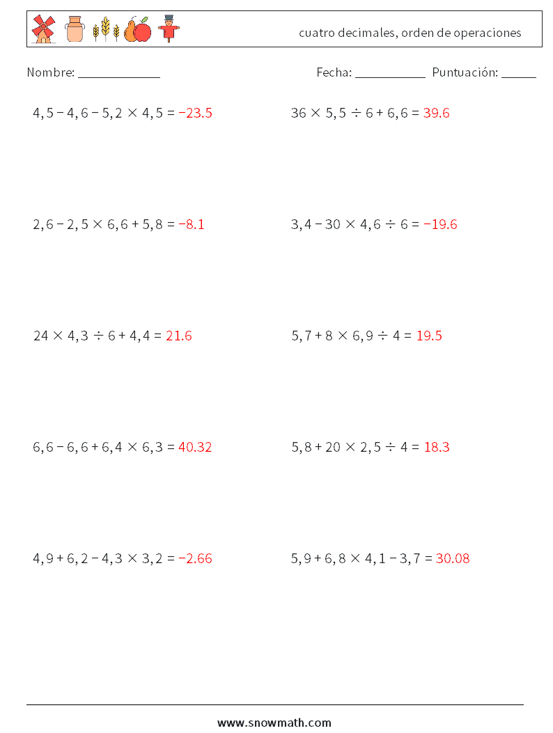 (10) cuatro decimales, orden de operaciones Hojas de trabajo de matemáticas 7 Pregunta, respuesta