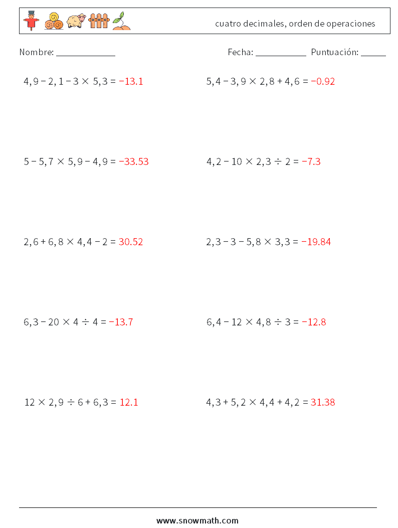 (10) cuatro decimales, orden de operaciones Hojas de trabajo de matemáticas 8 Pregunta, respuesta