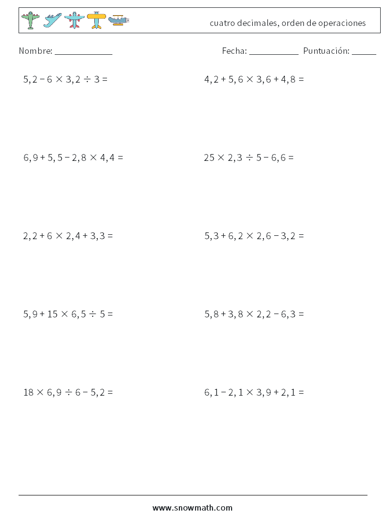 (10) cuatro decimales, orden de operaciones Hojas de trabajo de matemáticas 9