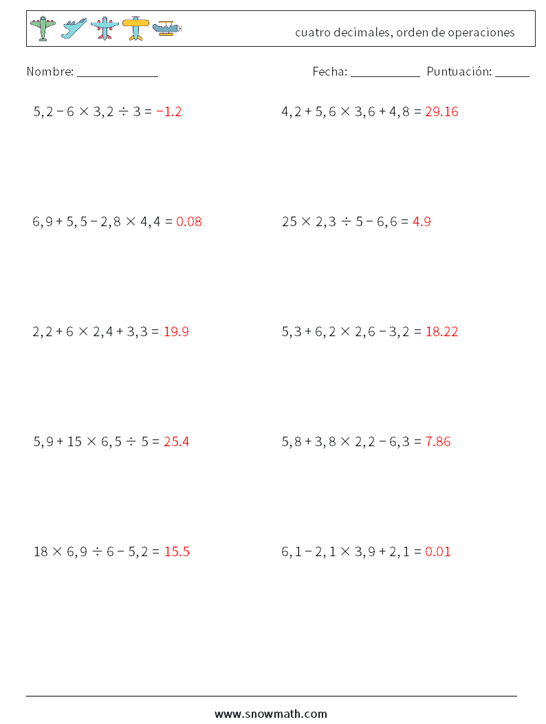 (10) cuatro decimales, orden de operaciones Hojas de trabajo de matemáticas 9 Pregunta, respuesta