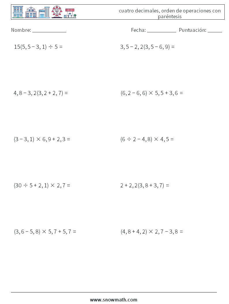 (10) cuatro decimales, orden de operaciones con paréntesis Hojas de trabajo de matemáticas 1
