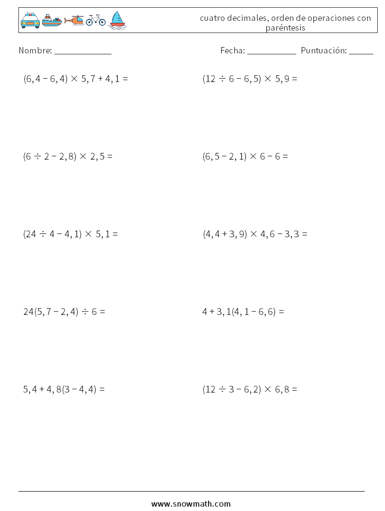 (10) cuatro decimales, orden de operaciones con paréntesis Hojas de trabajo de matemáticas 7
