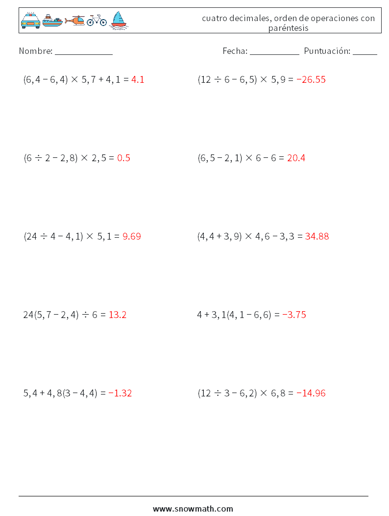 (10) cuatro decimales, orden de operaciones con paréntesis Hojas de trabajo de matemáticas 7 Pregunta, respuesta