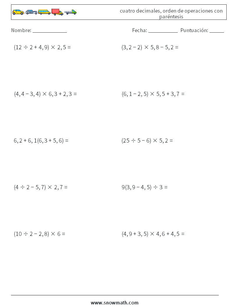 (10) cuatro decimales, orden de operaciones con paréntesis Hojas de trabajo de matemáticas 9