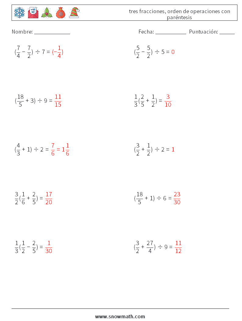 (10) tres fracciones, orden de operaciones con paréntesis Hojas de trabajo de matemáticas 10 Pregunta, respuesta