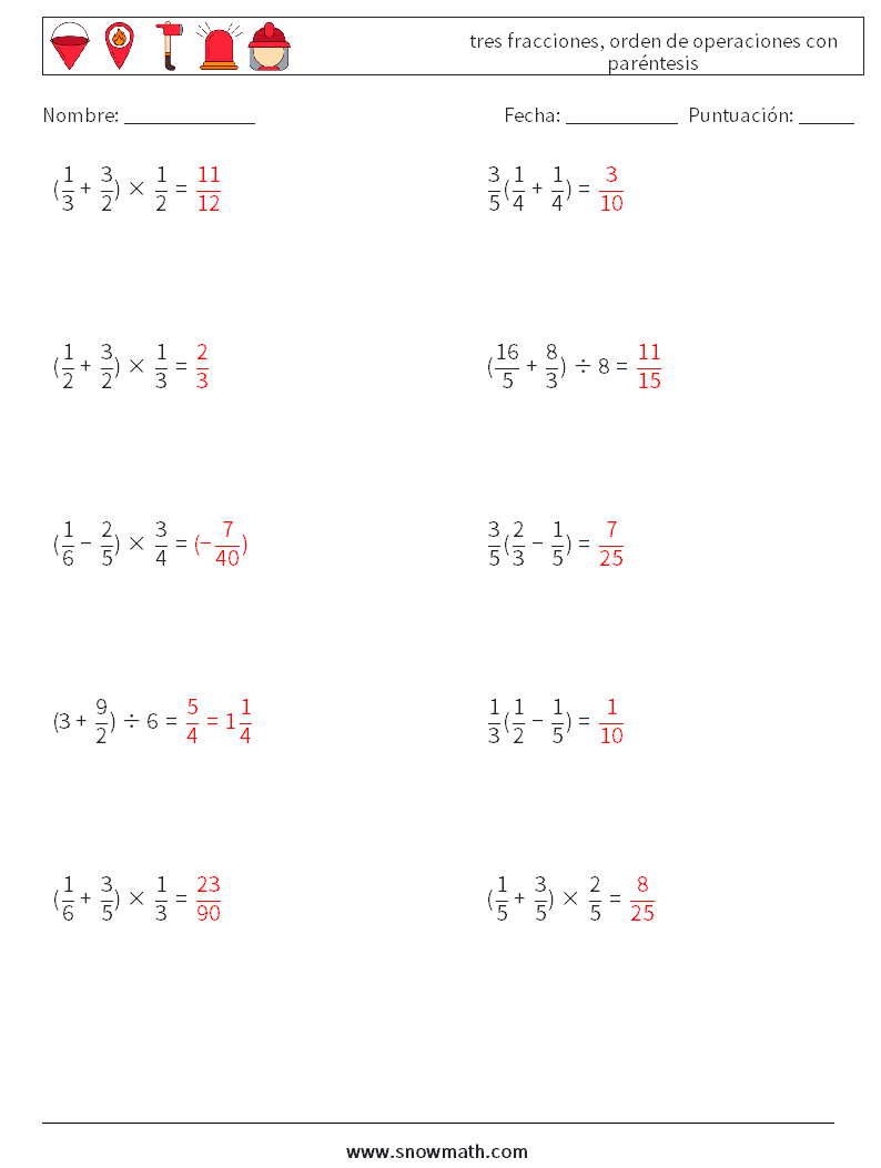 (10) tres fracciones, orden de operaciones con paréntesis Hojas de trabajo de matemáticas 11 Pregunta, respuesta